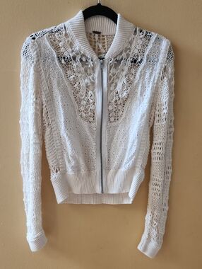 Free People Cream Lace Crochet Zip Jacket
